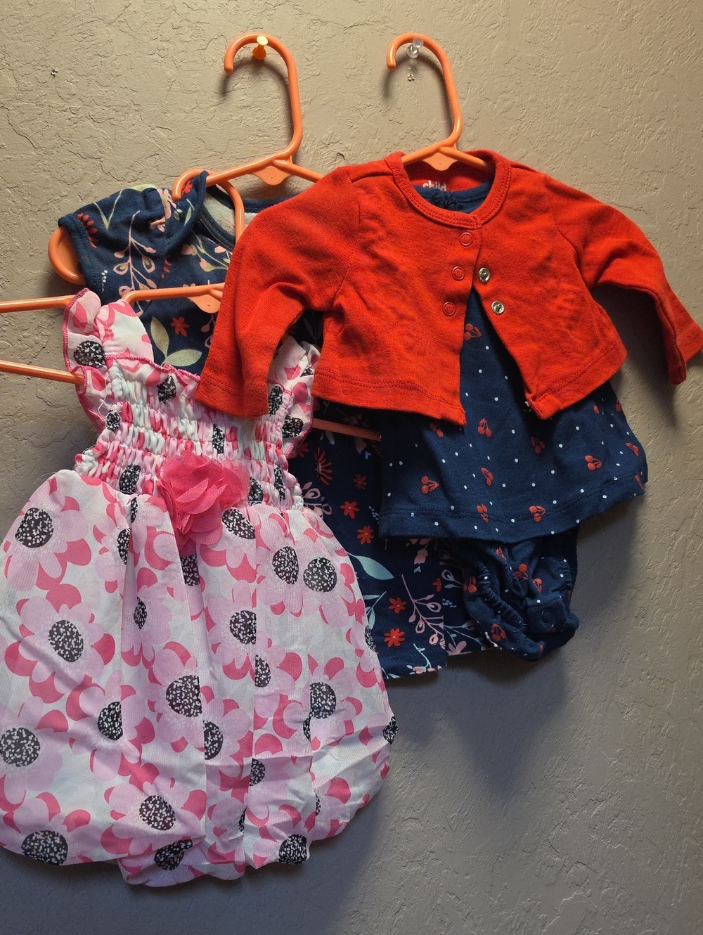 BABY CLOTHES 0-3 M Girls Floral Pink Bubble Romper, 2 Navy Dress, Red Cardigan